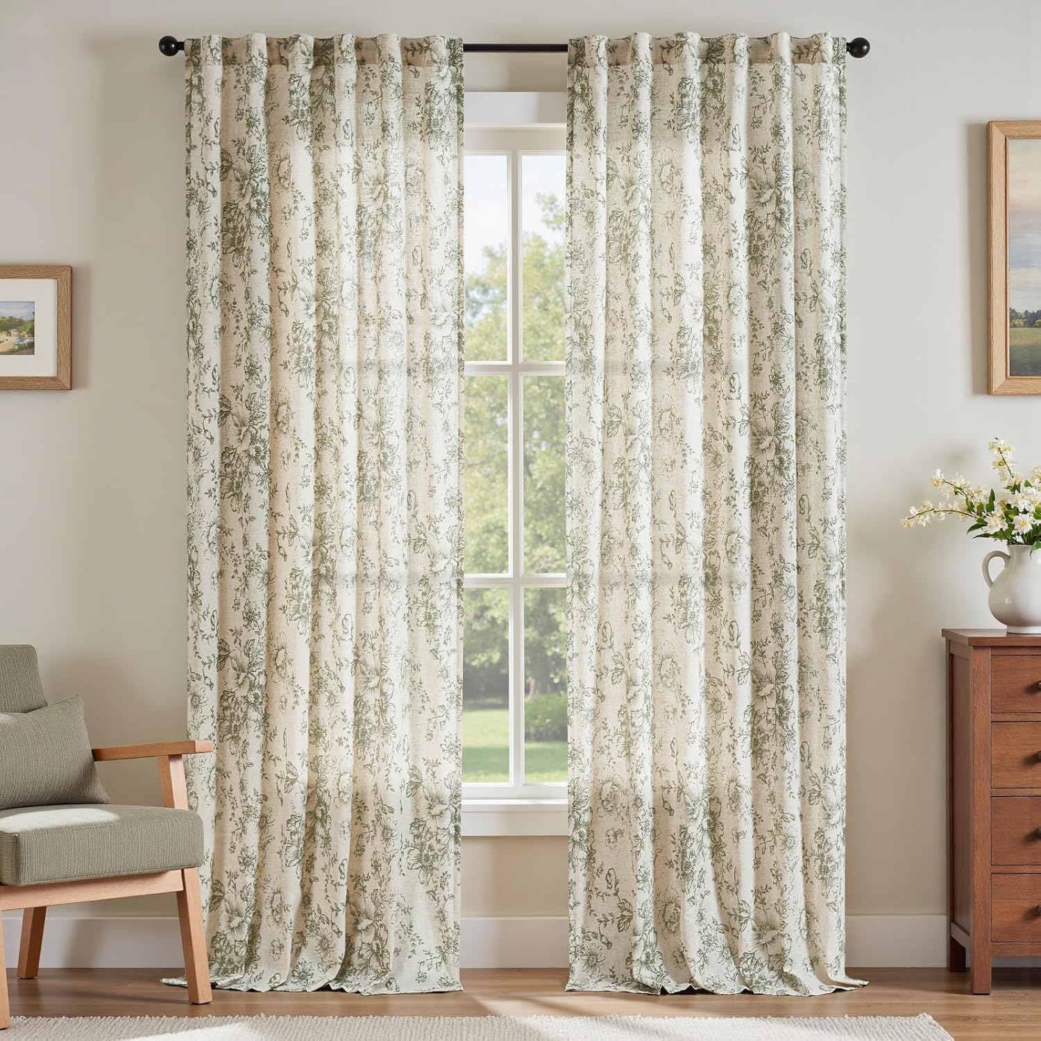 Elegant Floral Linen Blend Curtains for Living Room 90 Inch