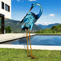Crane Garden Statue Metal Heron Sculpture - Handpainted Blue Accent