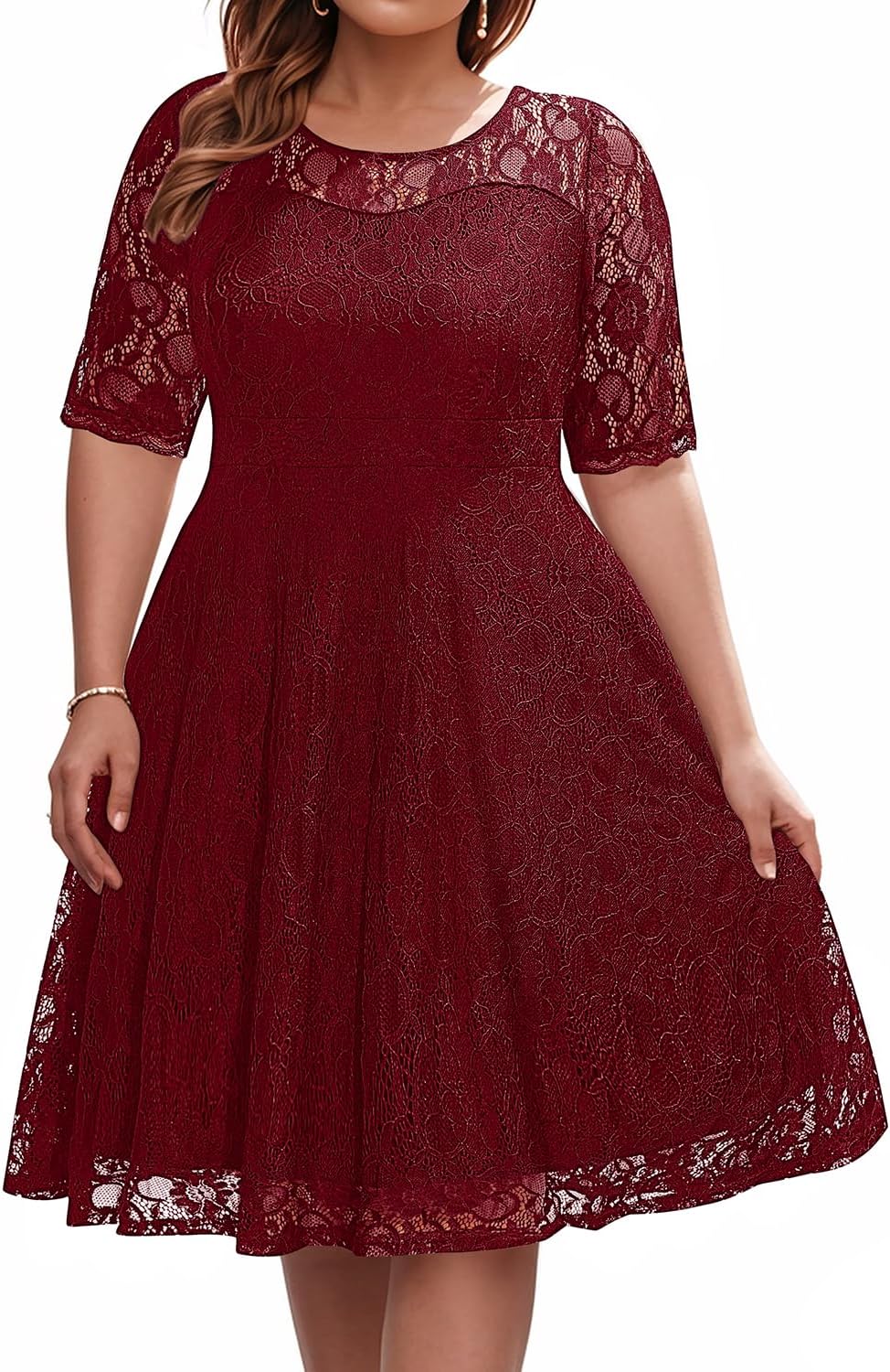 Plus Size Lace V Neck Midi Dress for Wedding Guests and Parties