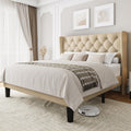 Queen Size Linen Upholstered Bed Frame with Wingback Headboard - Beige
