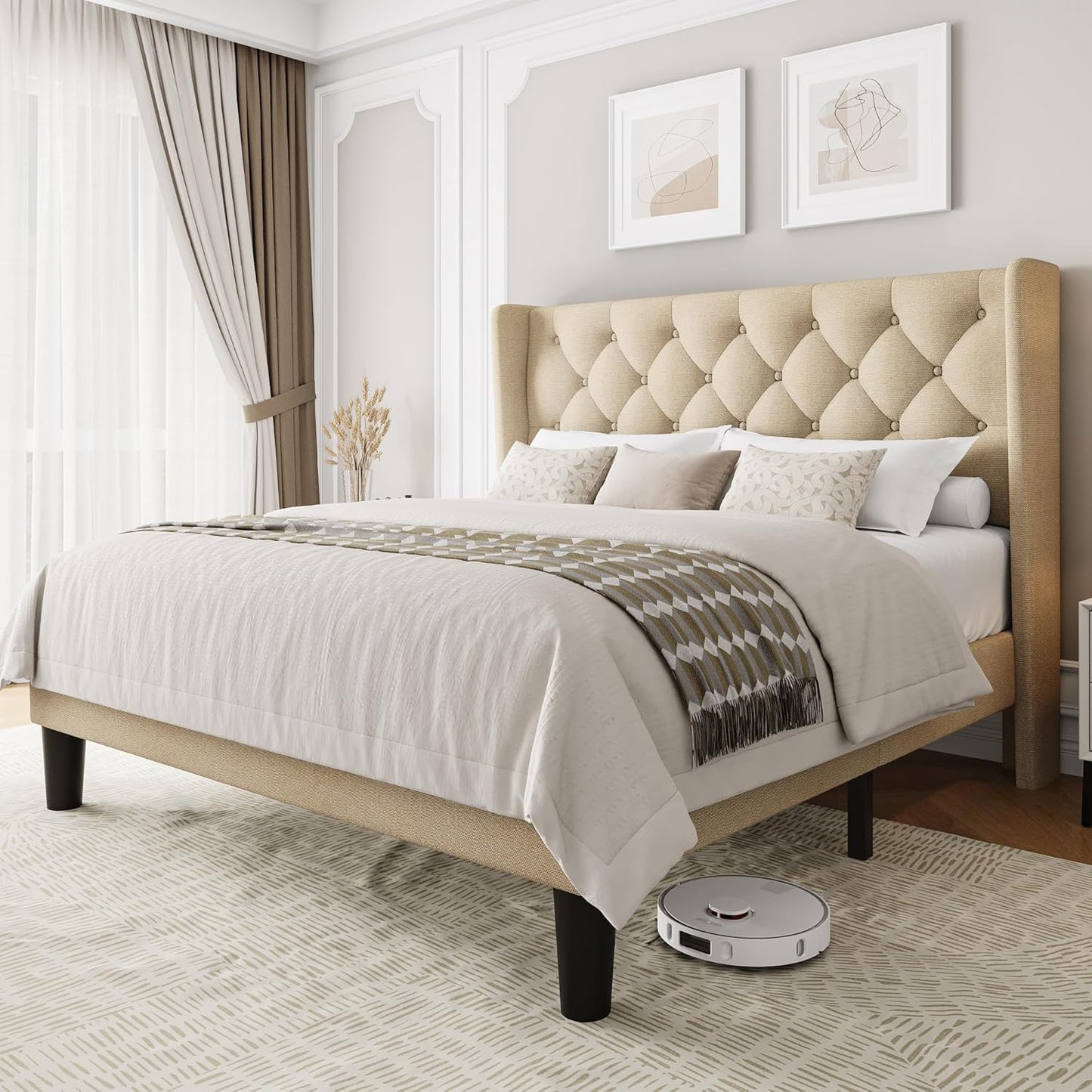 Queen Size Upholstered Bed Frame with Wingback Headboard Design