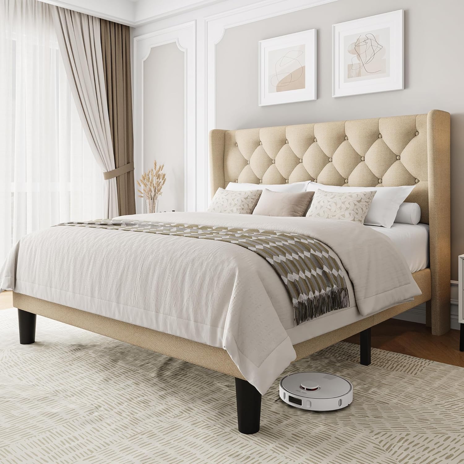 Queen Size Upholstered Bed Frame with Wingback Headboard Design