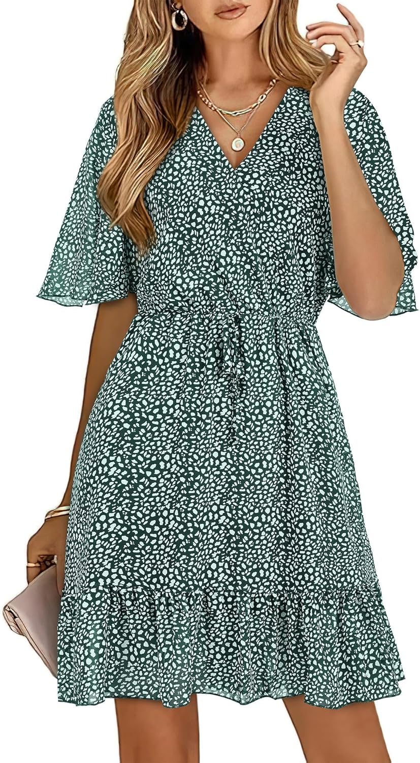 KIRUNDO Women's Summer Dresses Casual Short Sleeve V Neck Ruffle