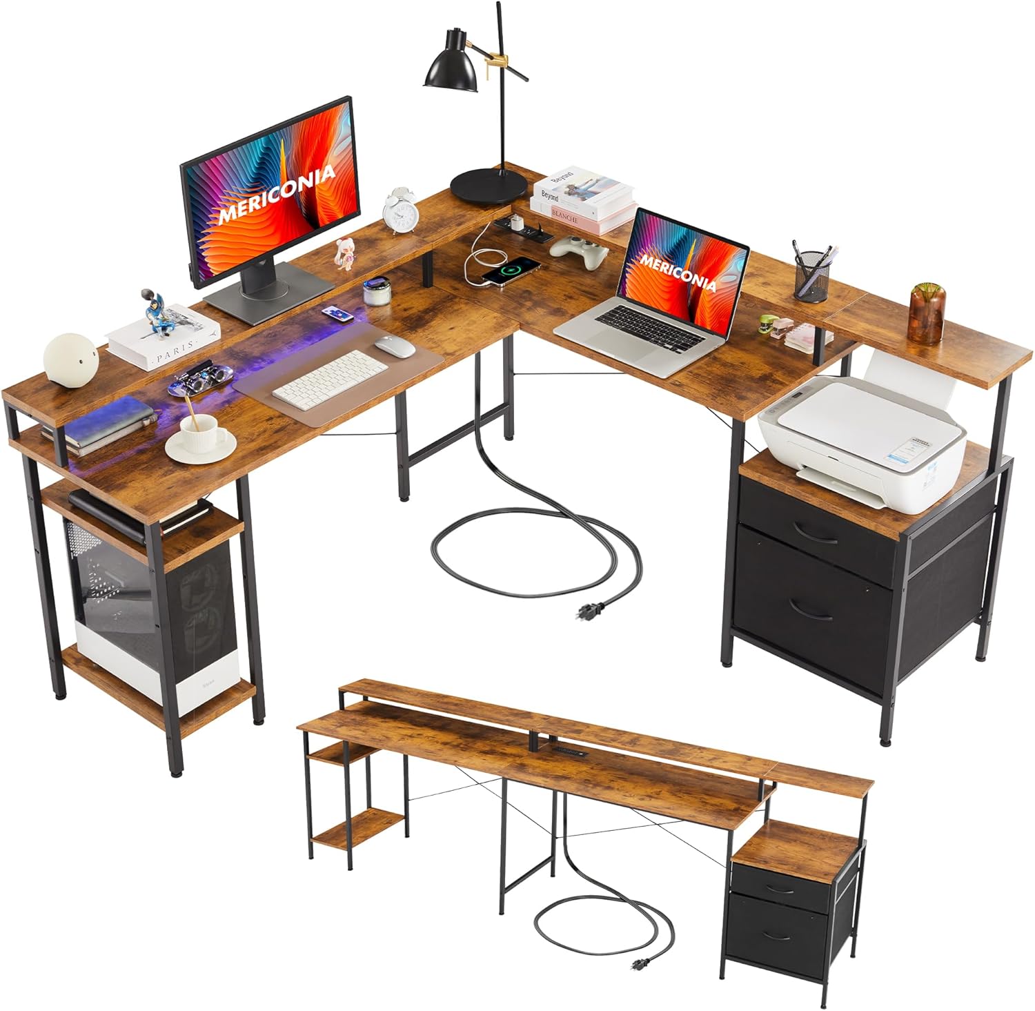 Multifunctional 66 L-Shaped Desk with LED Lights