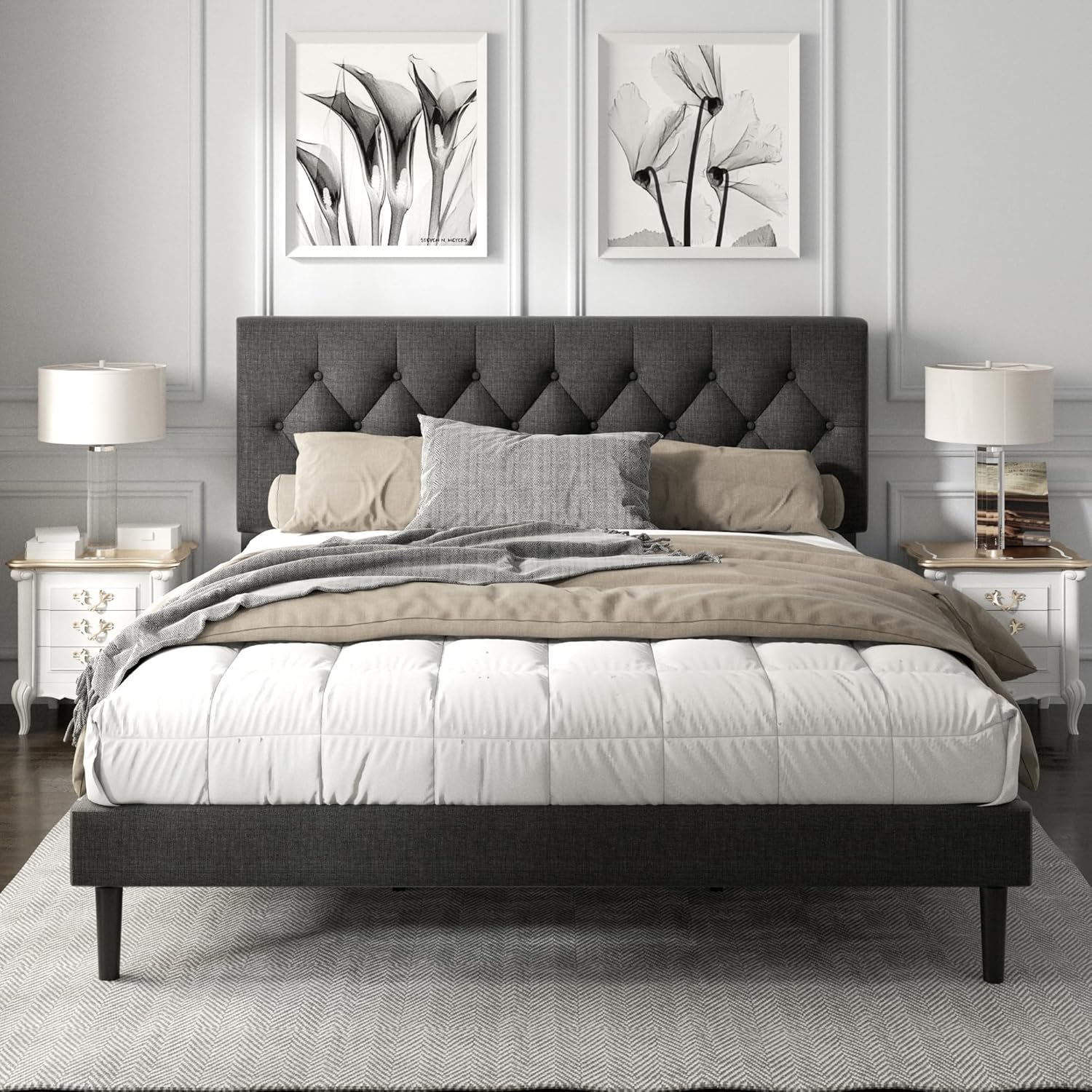 King Size Platform Bed Frame with Upholstered Headboard