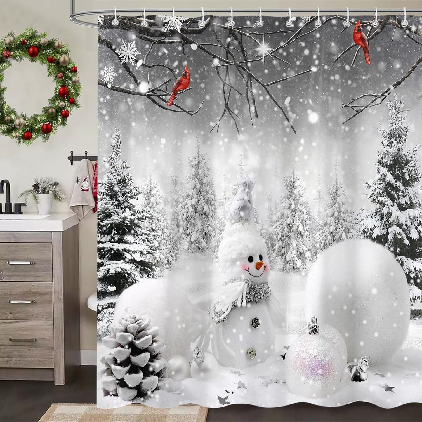 Christmas Snowman Shower Curtain Set 72x72 - Festive Bath Decor