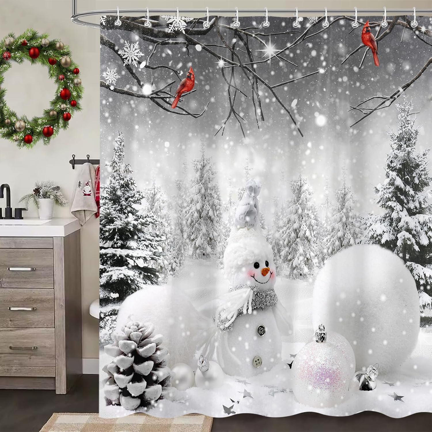 Christmas Snowman Shower Curtain Set 72x72 - Festive Bath Decor