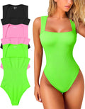 OQQ Women's 3 Piece Ribbed Strappy Square Neck Bodysuits - Tummy Super