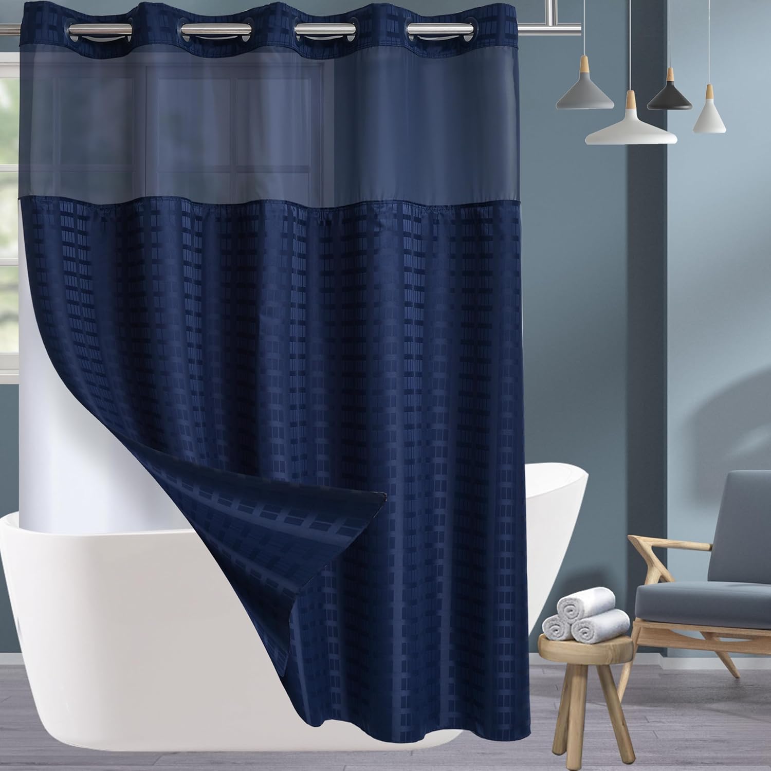 Conbo Mio No Hook Shower Curtain Set - Luxury Navy Blue Design