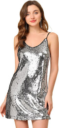Allegra K Women's Glitter Sequin Spaghetti Strap V Neck Mini Dress Our