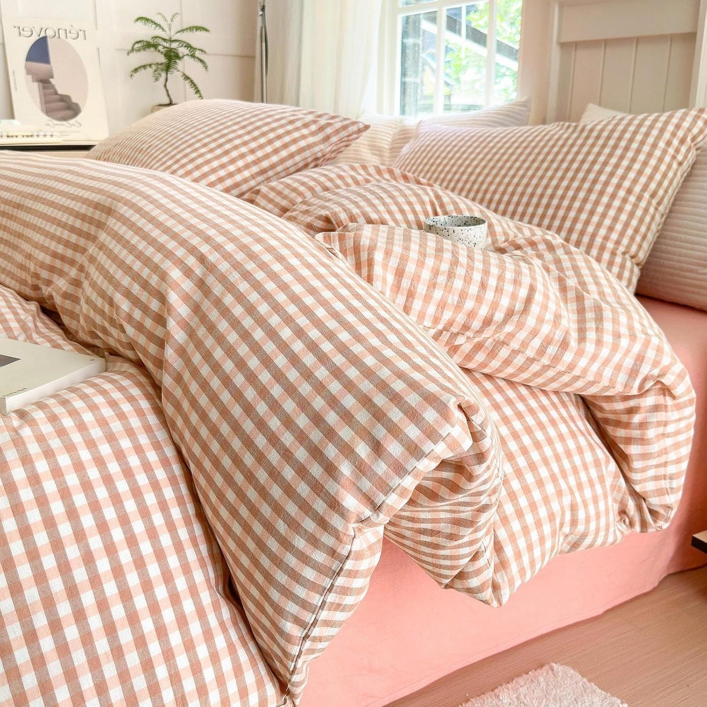 LifeTB Pink Gingham Comforter Set Twin XL for Cozy Sleep
