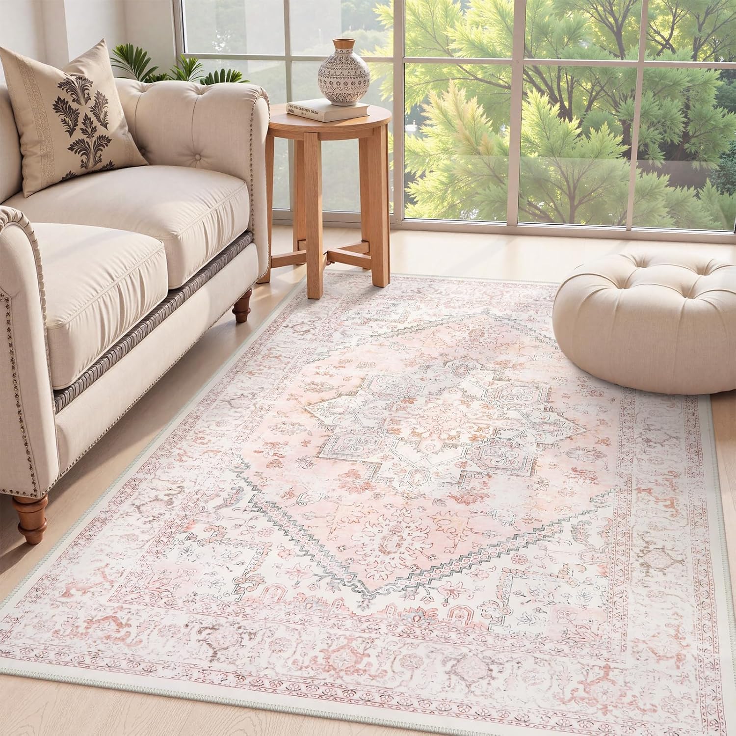 LIVEBOX Pink Area Rug 4x6 - Vintage Floral Indoor Carpet