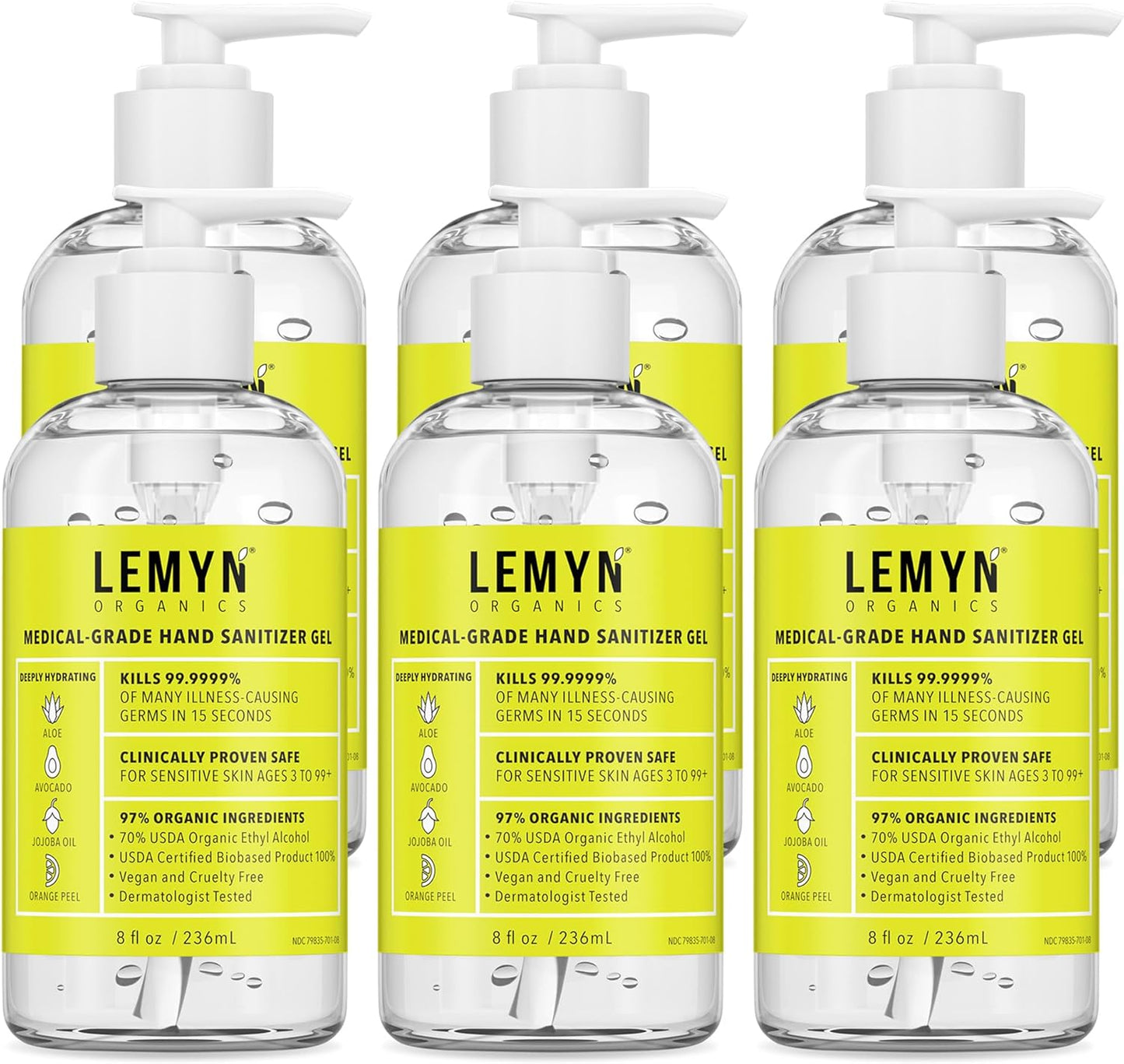 Organic Hand Sanitizer Gel - 97% - 8 Fl.Oz. Pump - Pack of 6