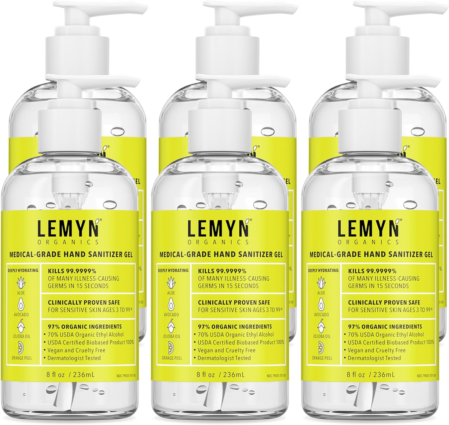 Organic Hand Sanitizer Gel - 97% - 8 Fl.Oz. Pump - Pack of 6