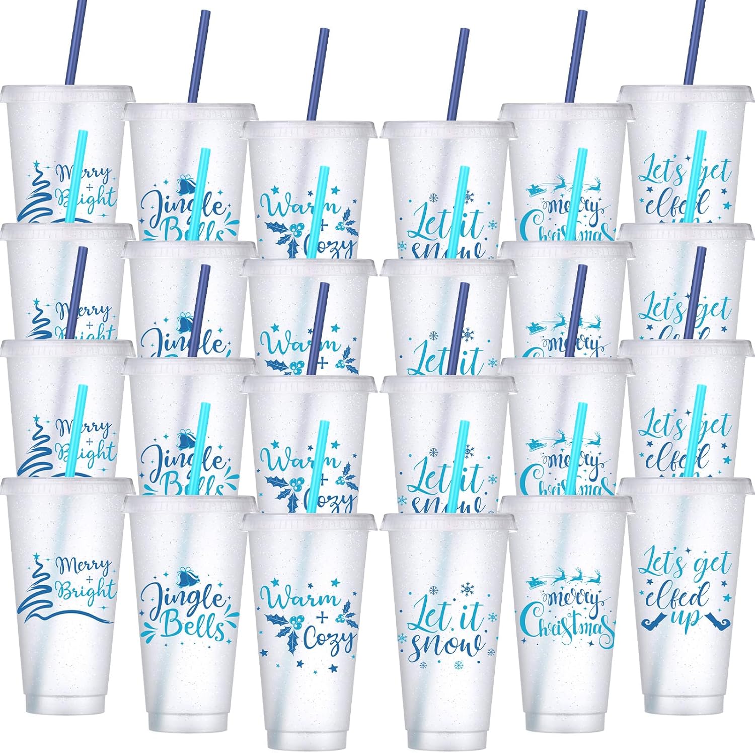 24 Pcs Blue Glitter Christmas Cups with Lid and Straw for Parties