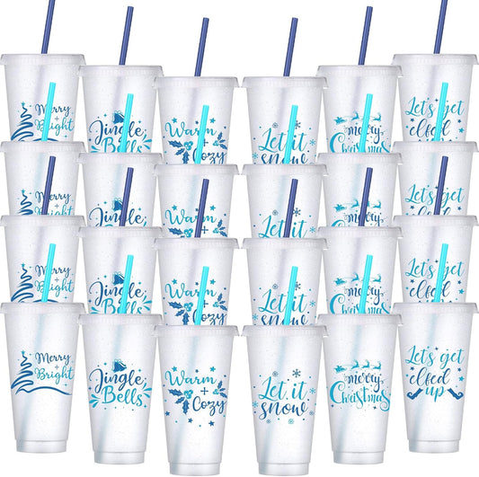 24 Pcs Blue Glitter Christmas Cups with Lid and Straw for Parties