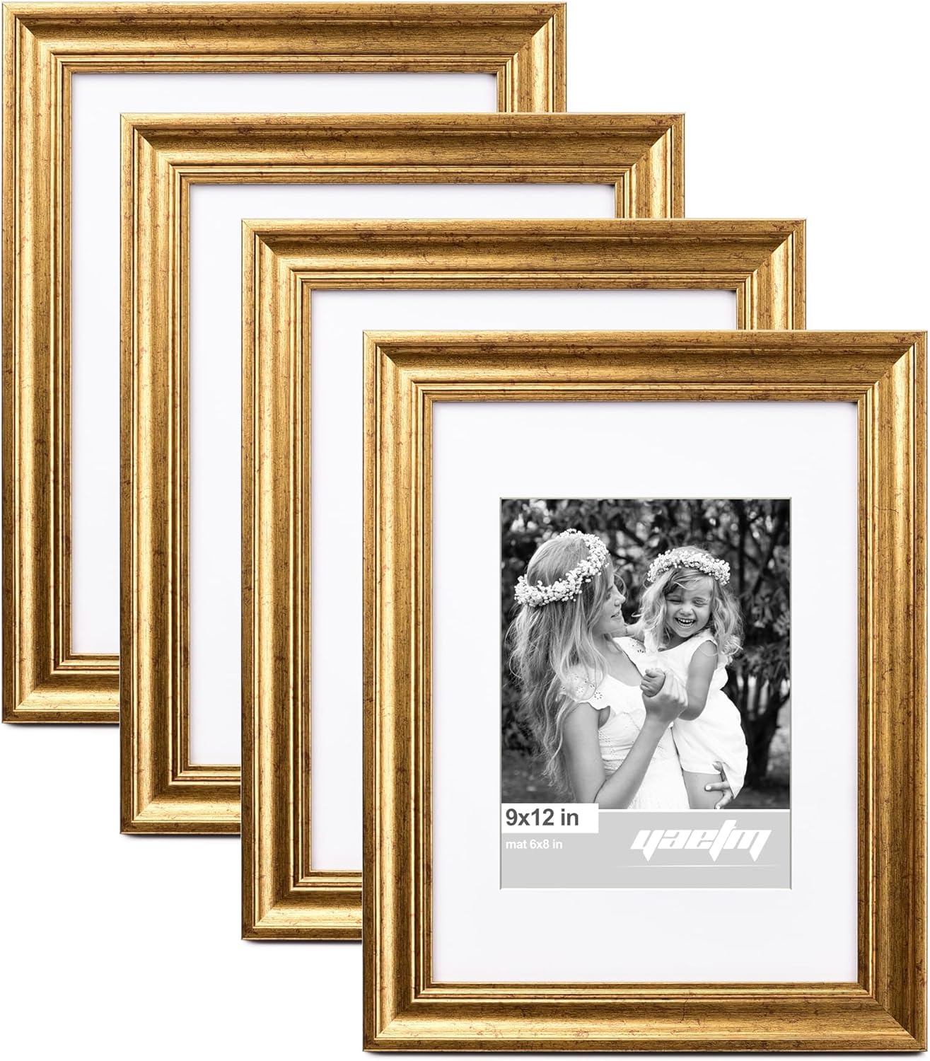 9x12 Gold Picture Frame Set of 4 with Rustic Design and Glass
