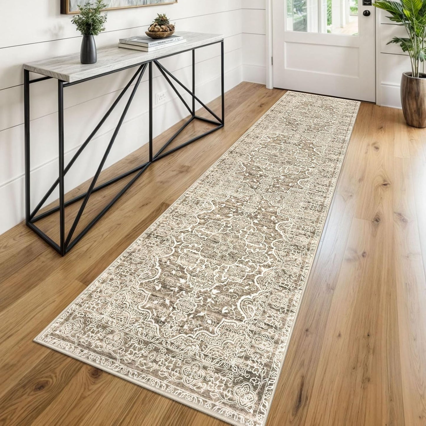 KUTA Hallways Runner Rug 2x8 Beige Brown Vintage Floral Design
