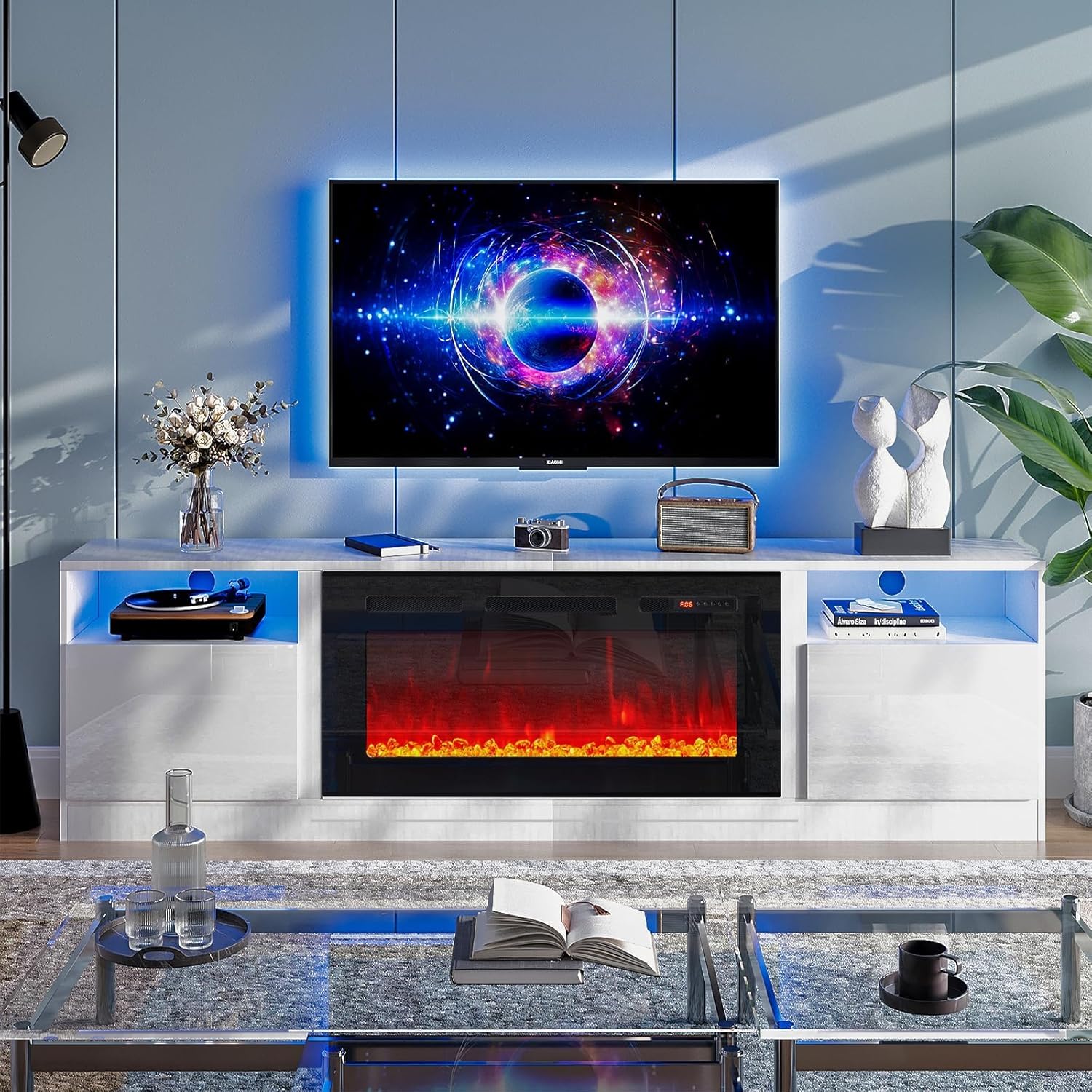 oneinmil 80 TV Stand with Electric Fireplace and LED Lights