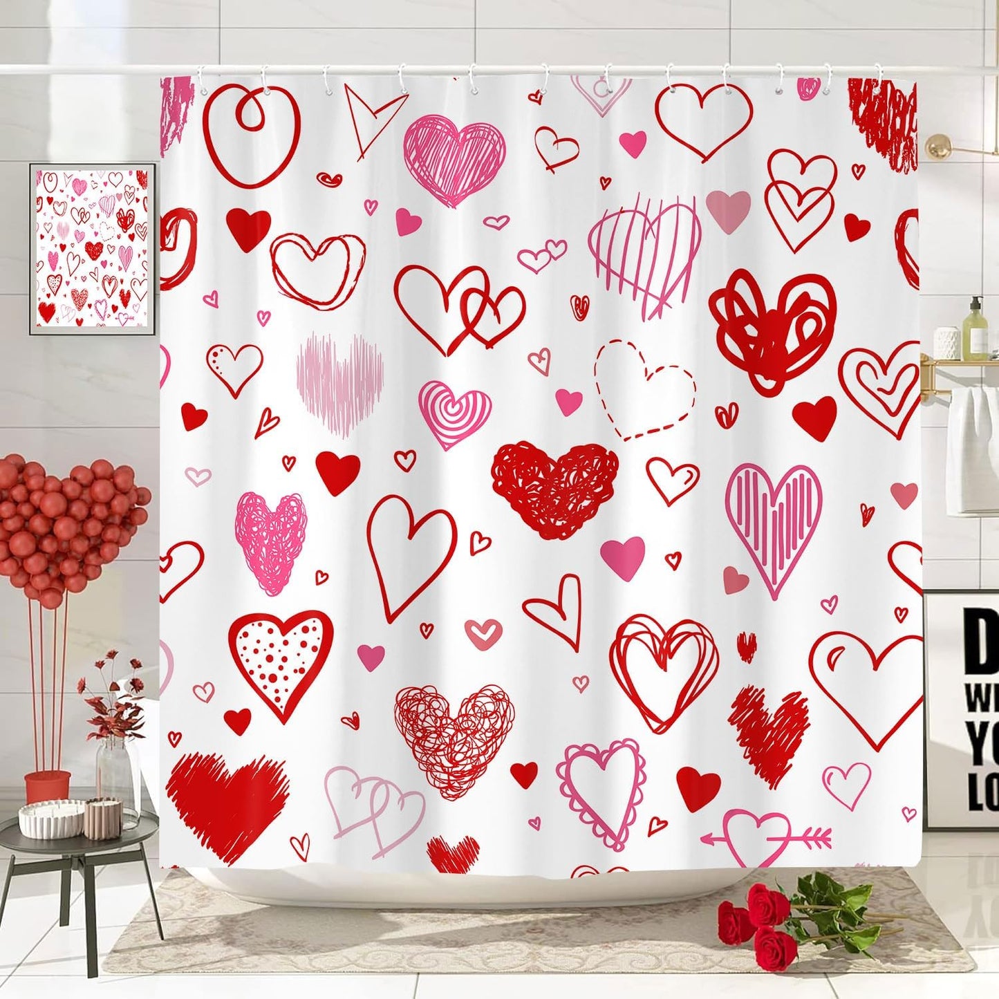 Love-Filled Red Heart Shower Curtain Set