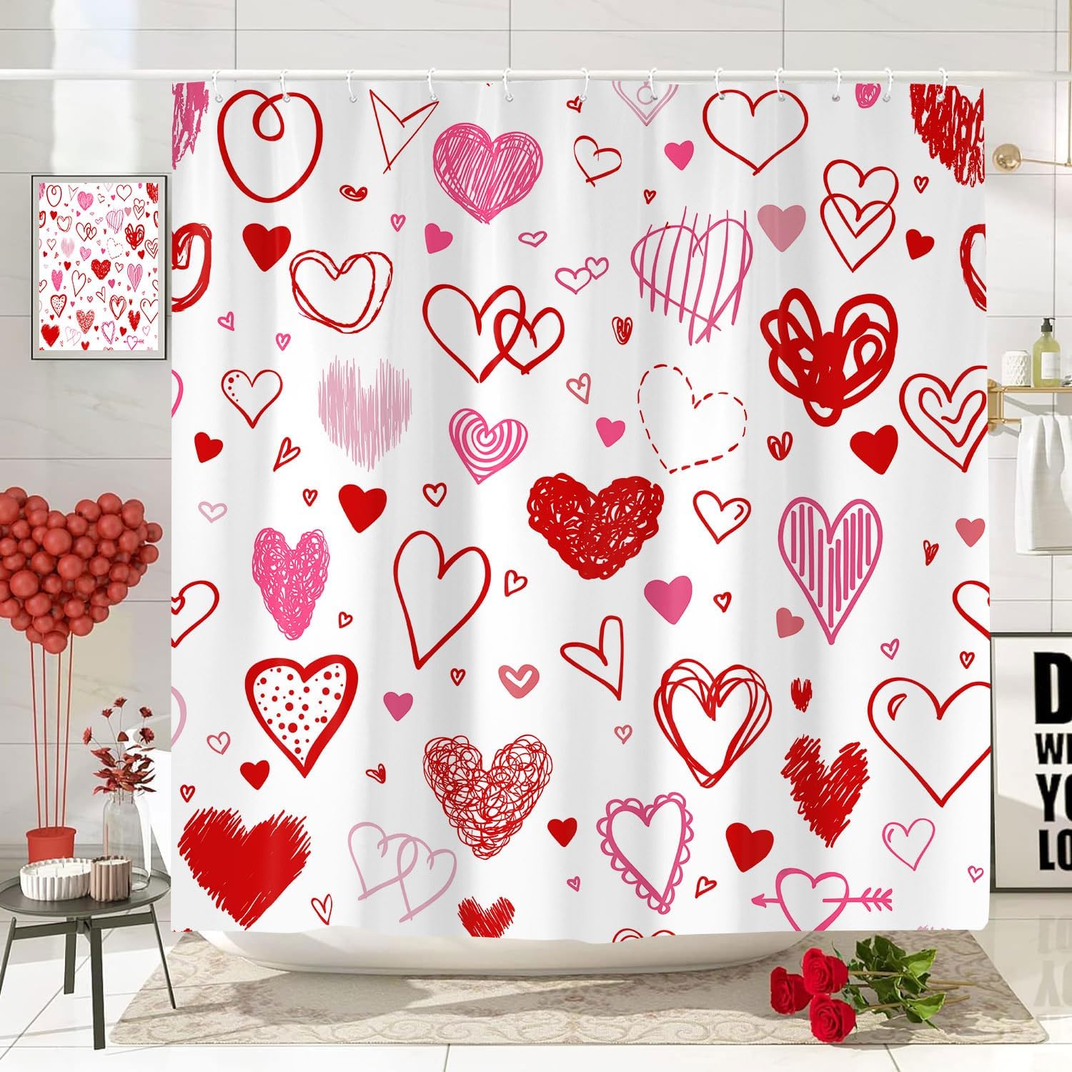 Love-Filled Red Heart Shower Curtain Set