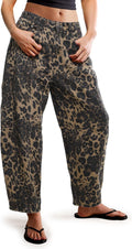 Women's Barrel Boyfriend Baggy Leopard Print Jeans Mid Rise Cropped we