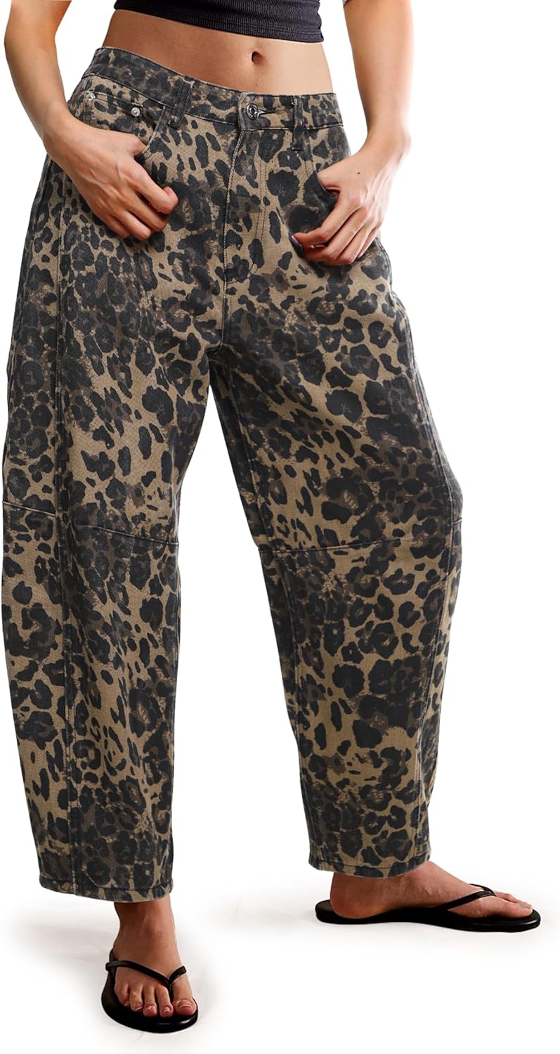 Trendy Women's Barrel Boyfriend Baggy Leopard Print Jeans