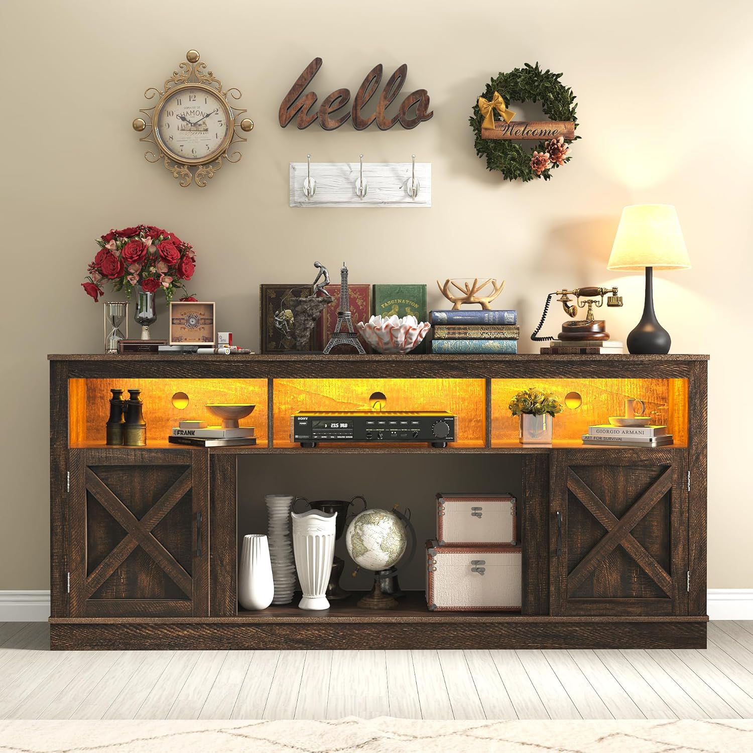 Rustic Farmhouse TV Stand with LED Light
