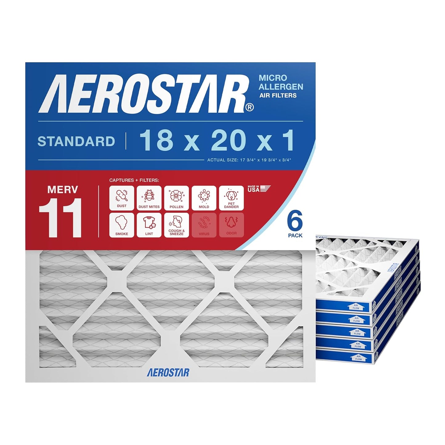 Aerostar 18x20x1 MERV 11 Air Filter for Dust and Allergies