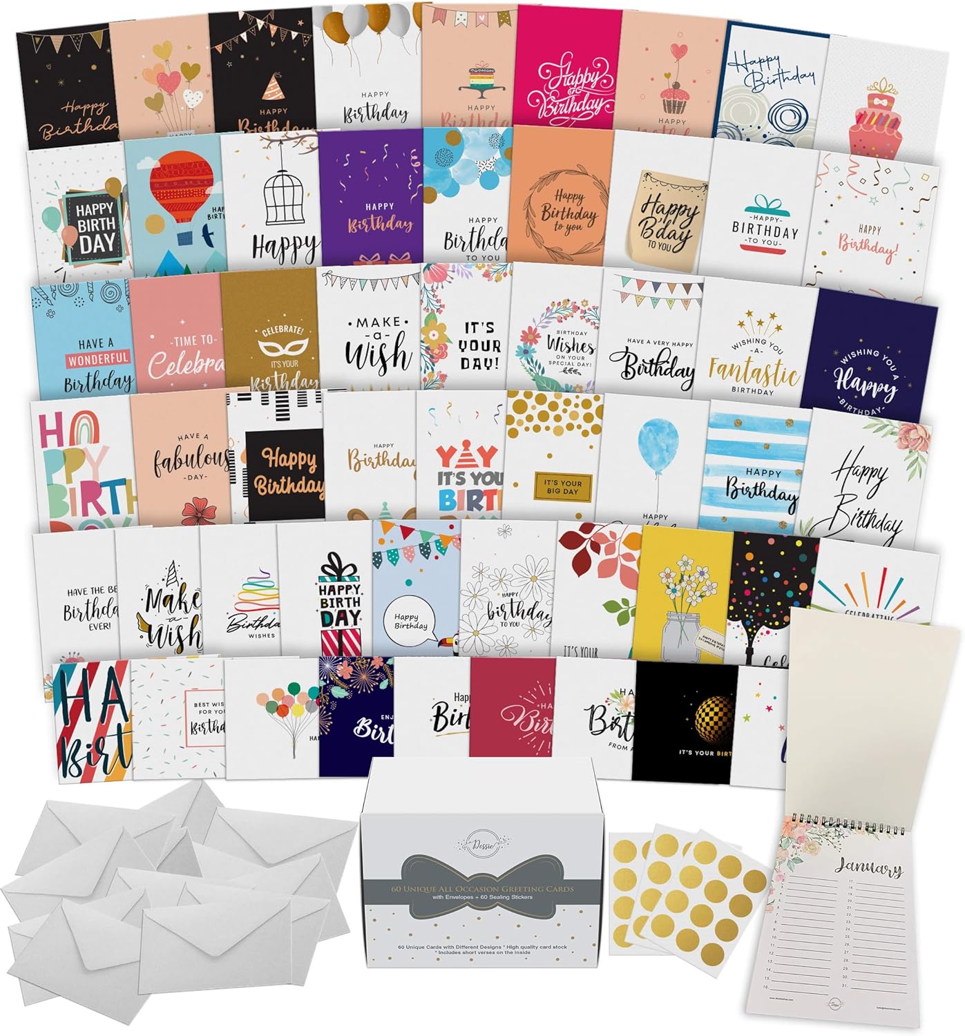 Dessie 60 Unique Birthday Cards Assortment for All Ages