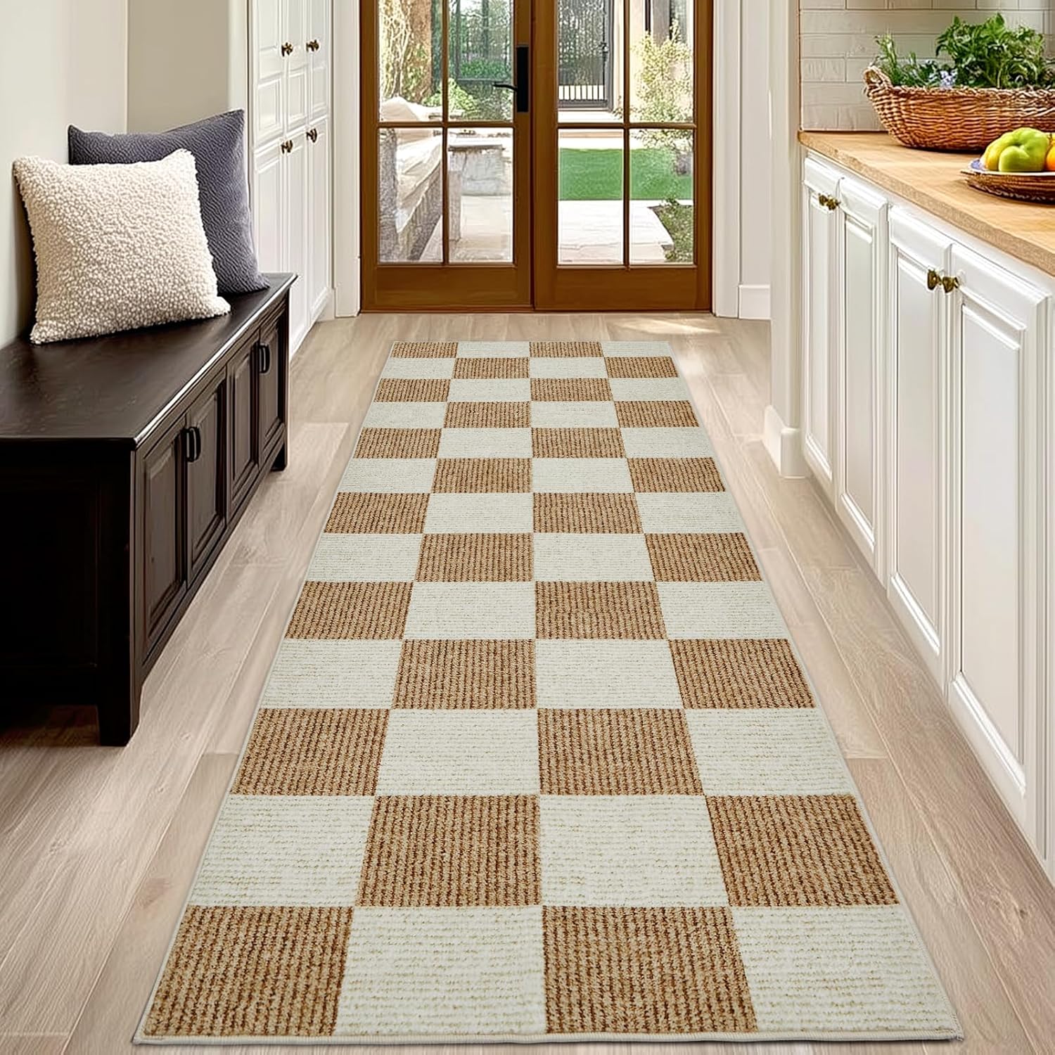 Runner Rug for Hallways 2x6 Checkered Rug, Beige and White