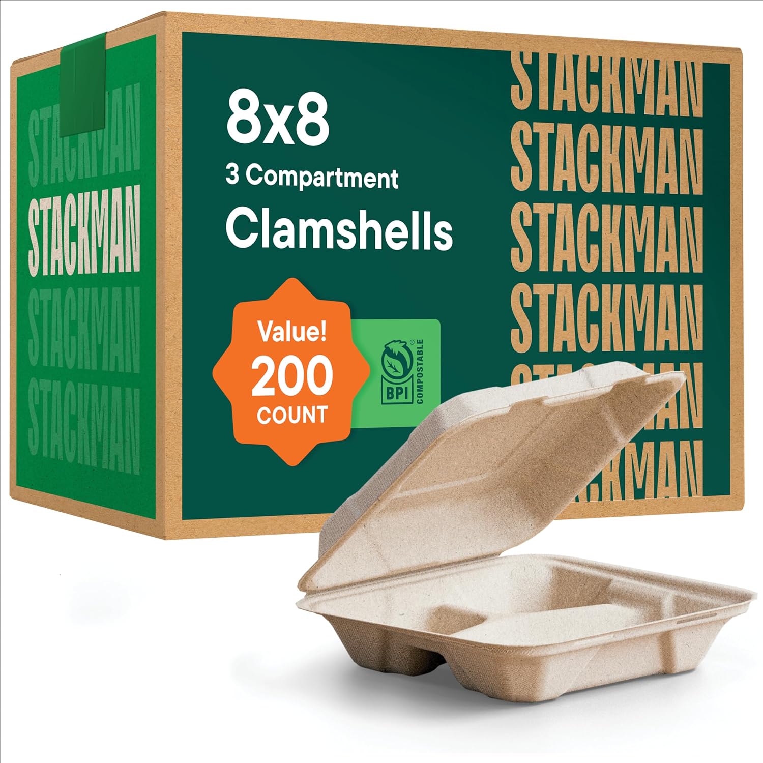 200-Count Compostable 3-Compartment Clamshell Food Containers