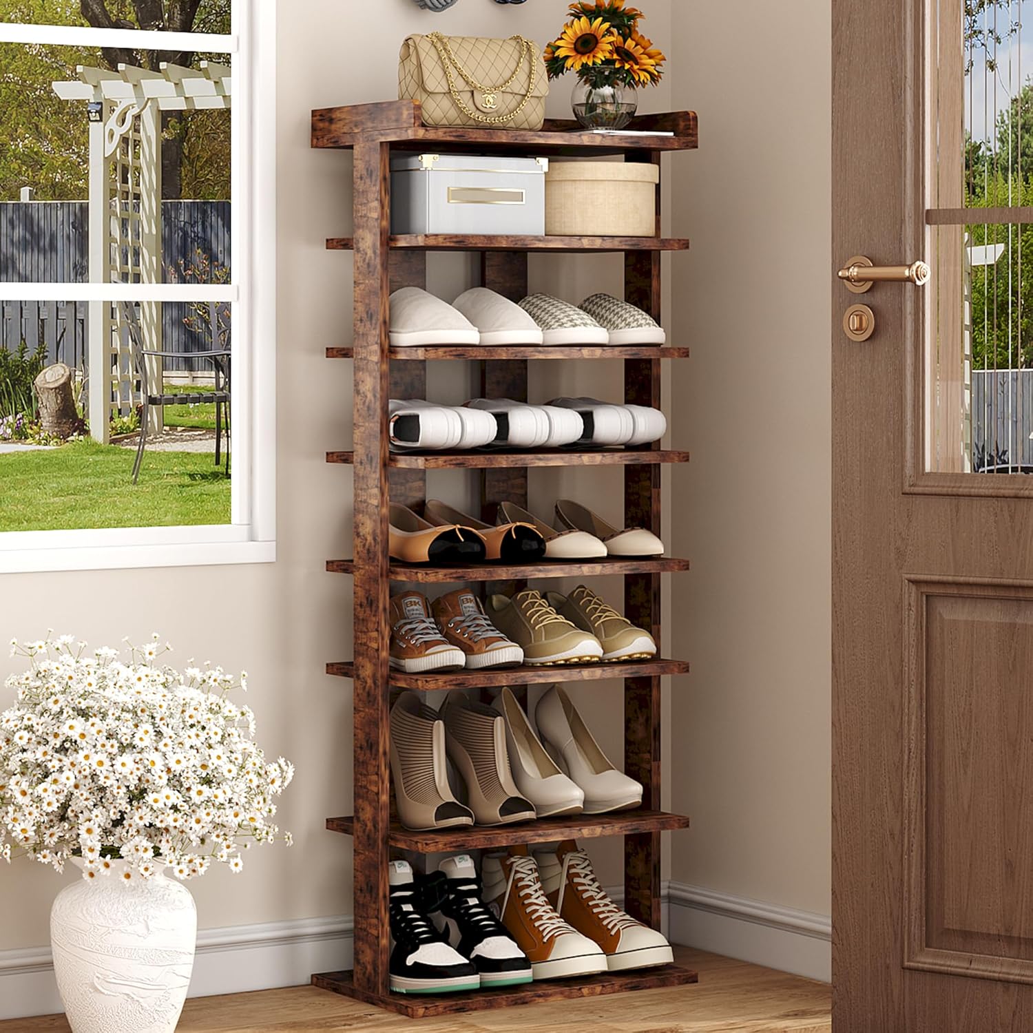 7-Tier Wood Shoe Rack for Entryway and Narrow Closets
