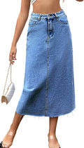 Women's High Waisted Frayed Raw Hem Denim Midi Skirt - Stretch Comfort