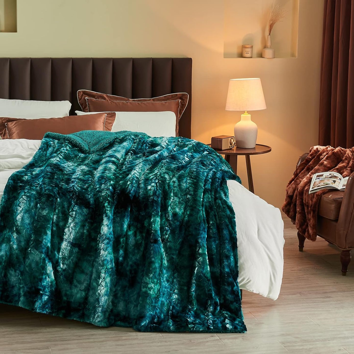 Super Soft Faux Fur Blanket Twin Size Tie-dye Dark Teal Cozy