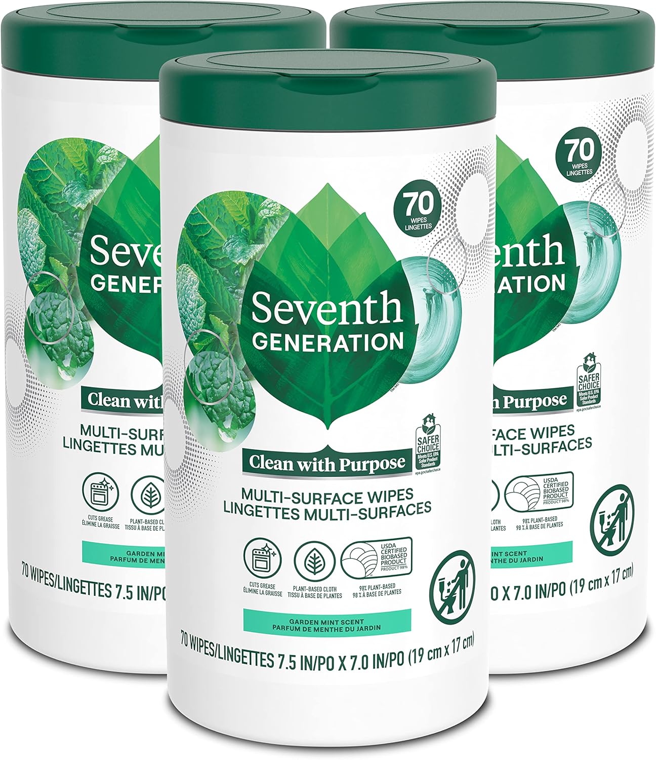 Seventh Generation Garden Mint All Purpose Wipes - 100% Essential Oils, Pack of 3