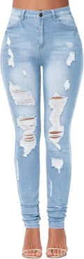 KDF Women's High Waisted Jeans: Distressed Slim Fit Style