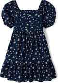 Girls Short Sleeve Fashion Dress - Floral Square Neck