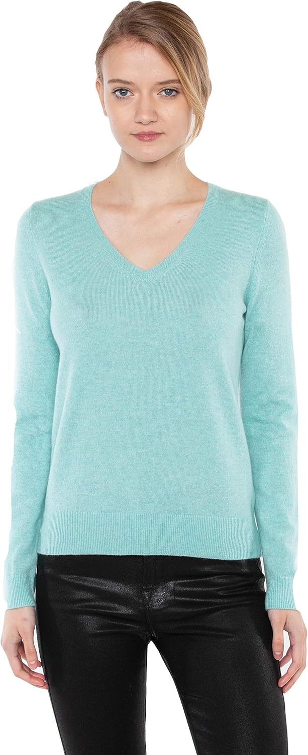JENNIE LIU Women's Cashmere Long Sleeve V Neck Pullover Sweater