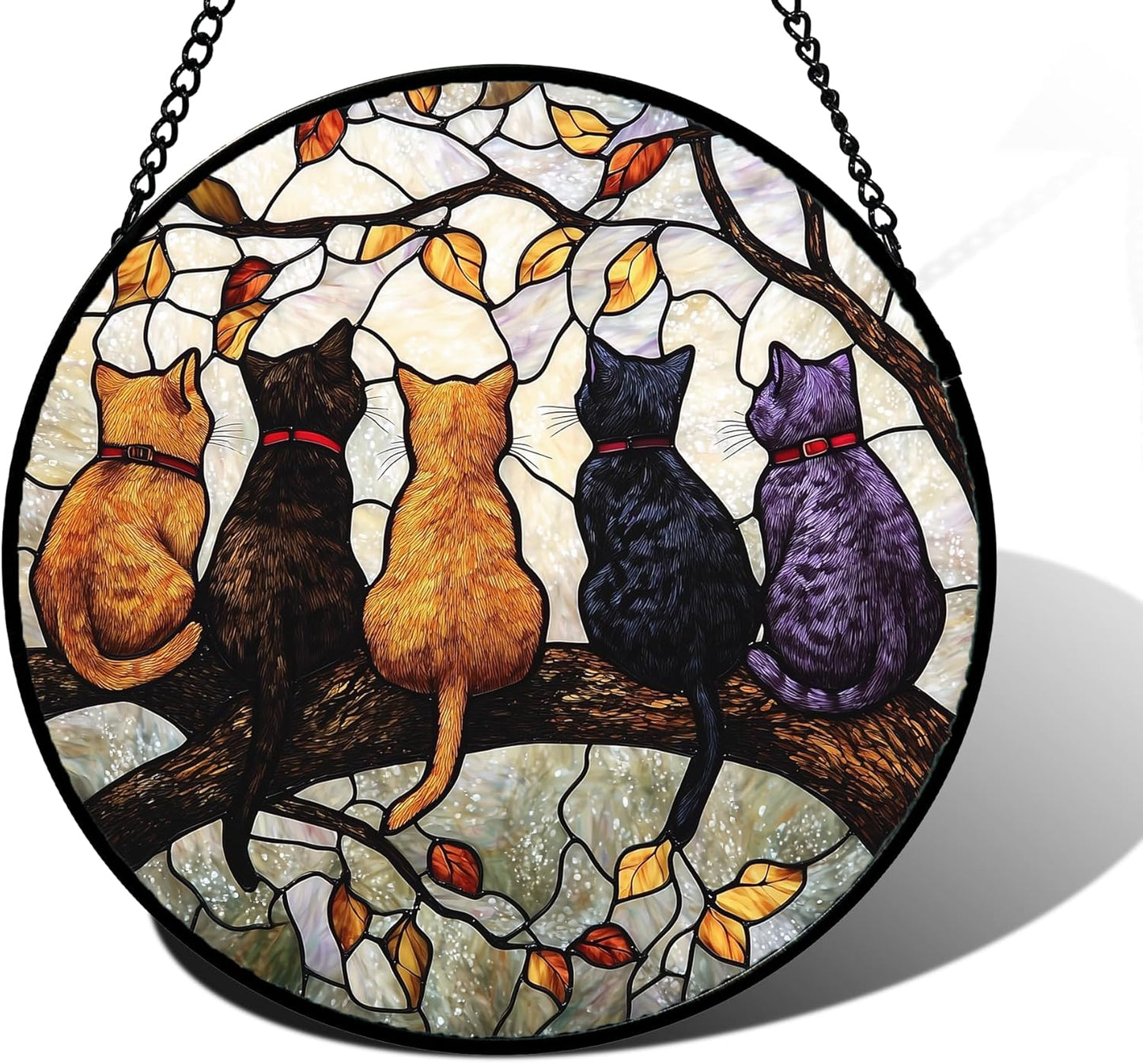 Stained Glass Window Hanging - 5 Cats on a Branch Suncatcher