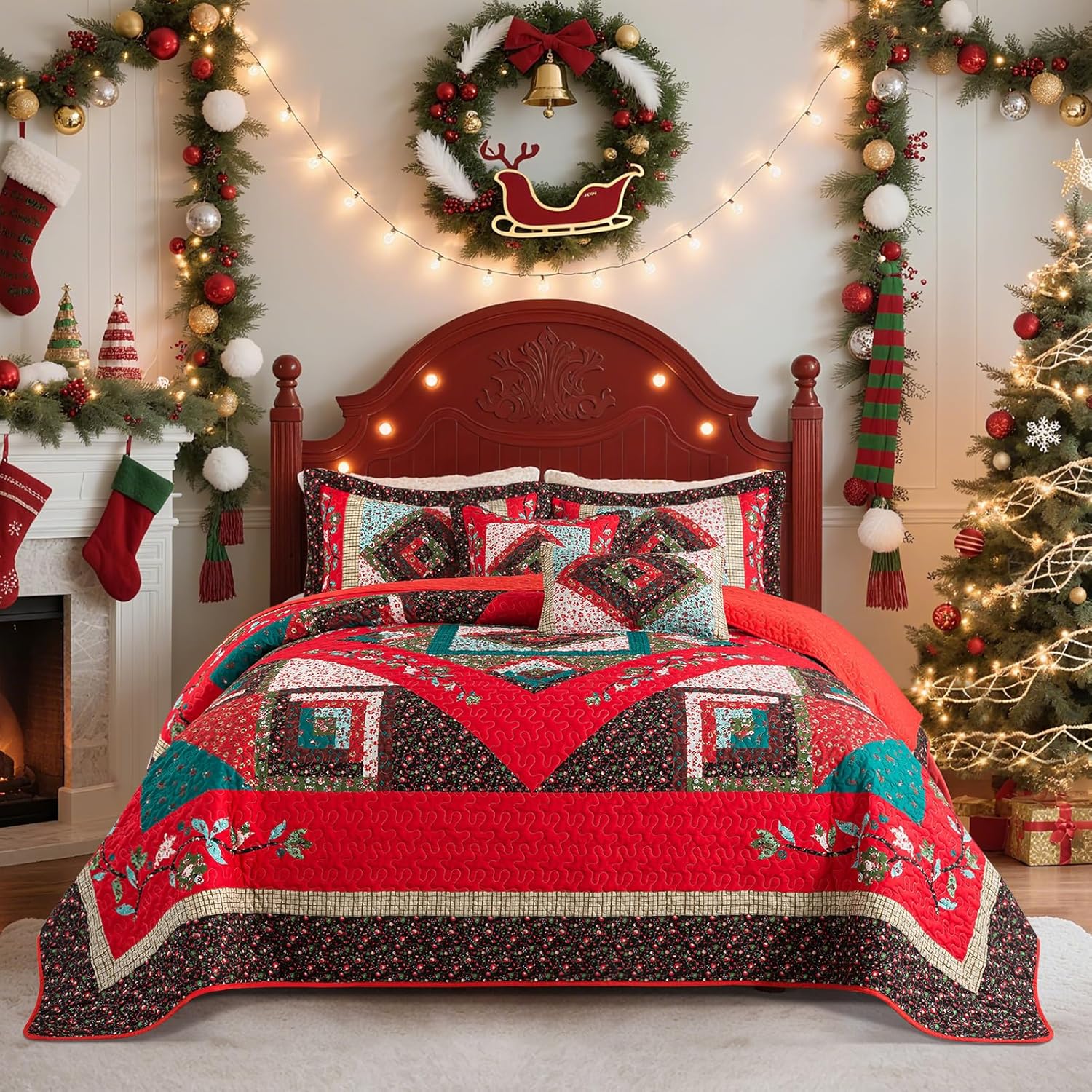 VAPUTAR Christmas Queen Quilt - Cozy Farmhouse Bedding Set