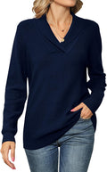 Women V Neck Pullover Sweater with Collar - Soft Knit Comfort