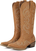 Rollda Cowboy Boots for Women Mid-Calf Snip Toe - Chunky Heel Comfort