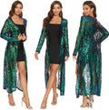 Women's Sequin Cardigan Green-Blue Sheer Duster for Evening Wear