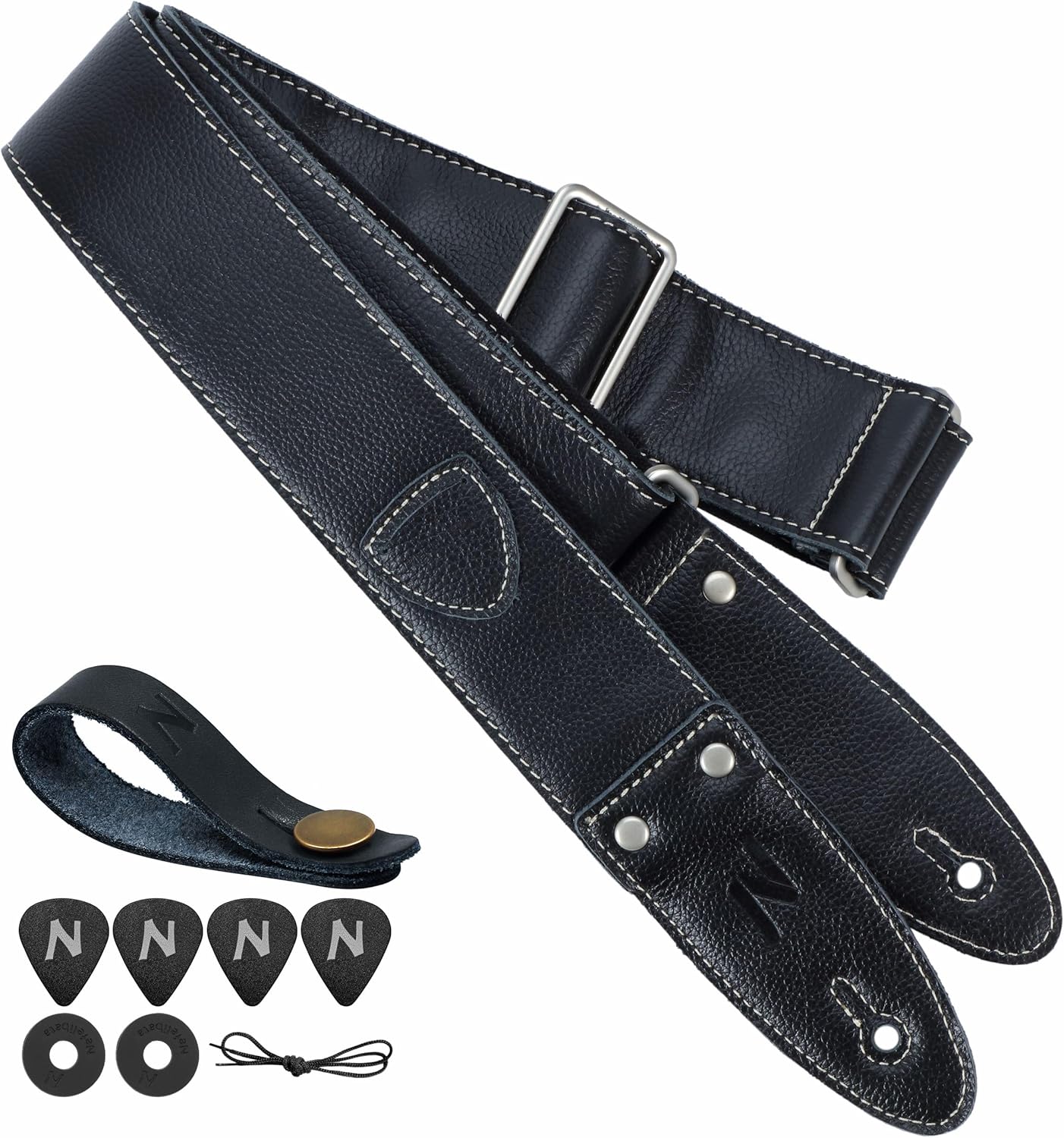 Premium 2 Leather Guitar Strap with Pick Pocket & Accessories - Mysterious Black