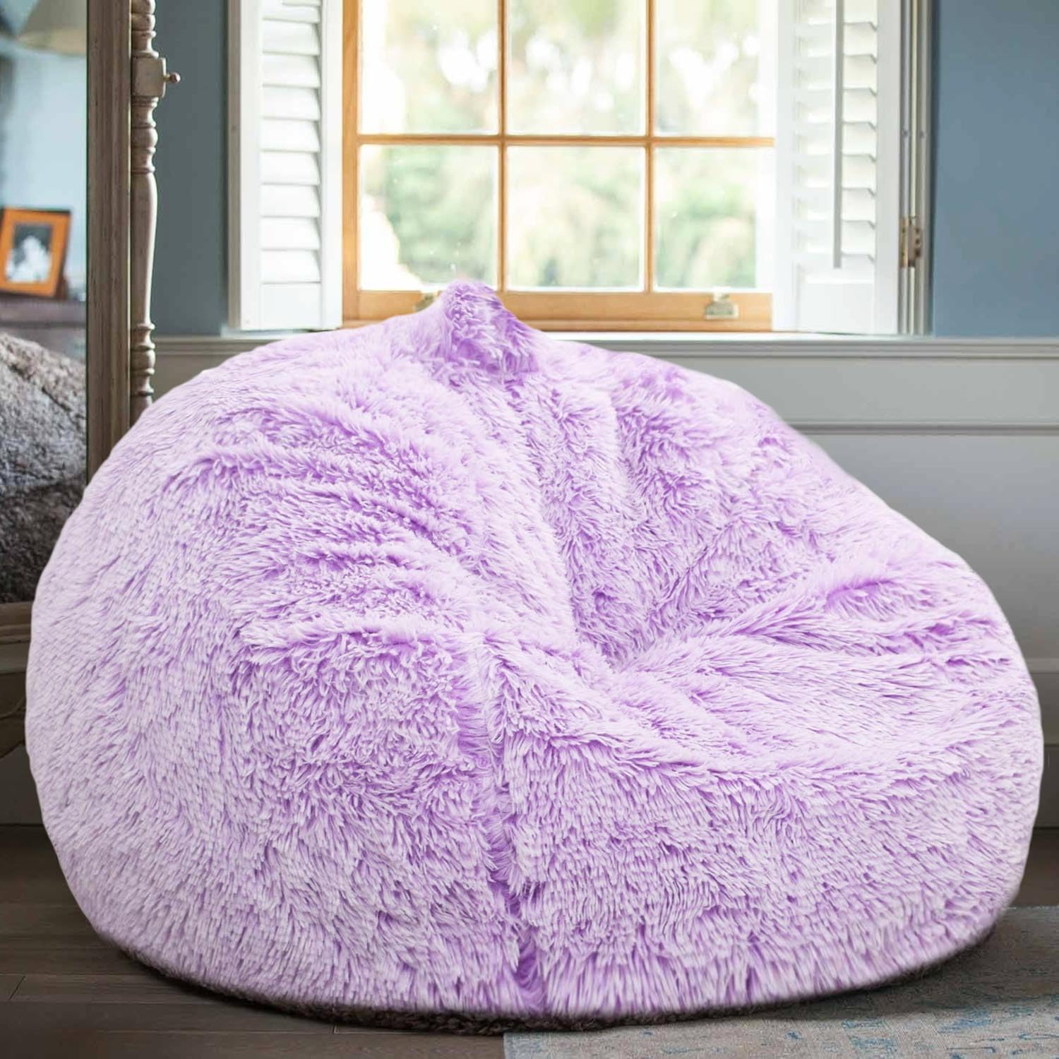 Fluffy Stuffed Animal Storage Bean Bag Chair Cover in Lavender