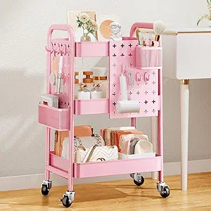 3 Tier Rolling Utility Cart on Wheels - Pink Storage Organizer