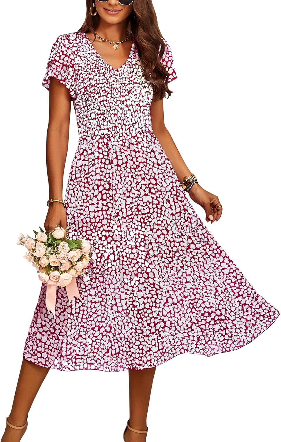 BTFBM Women Casual Summer Ruffles Tiered Sleeve Midi Dress