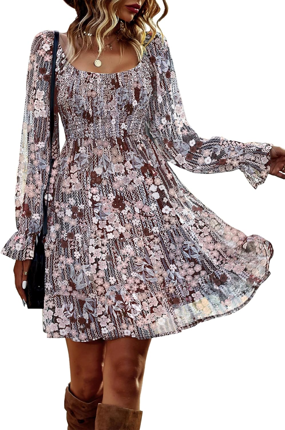 Womens Long Sleeve Dress with Square Neck and Floral Print