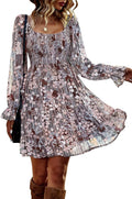 Womens Square Neck Smocked Floral Swiss Dot Mini Dress (Style QFR2)